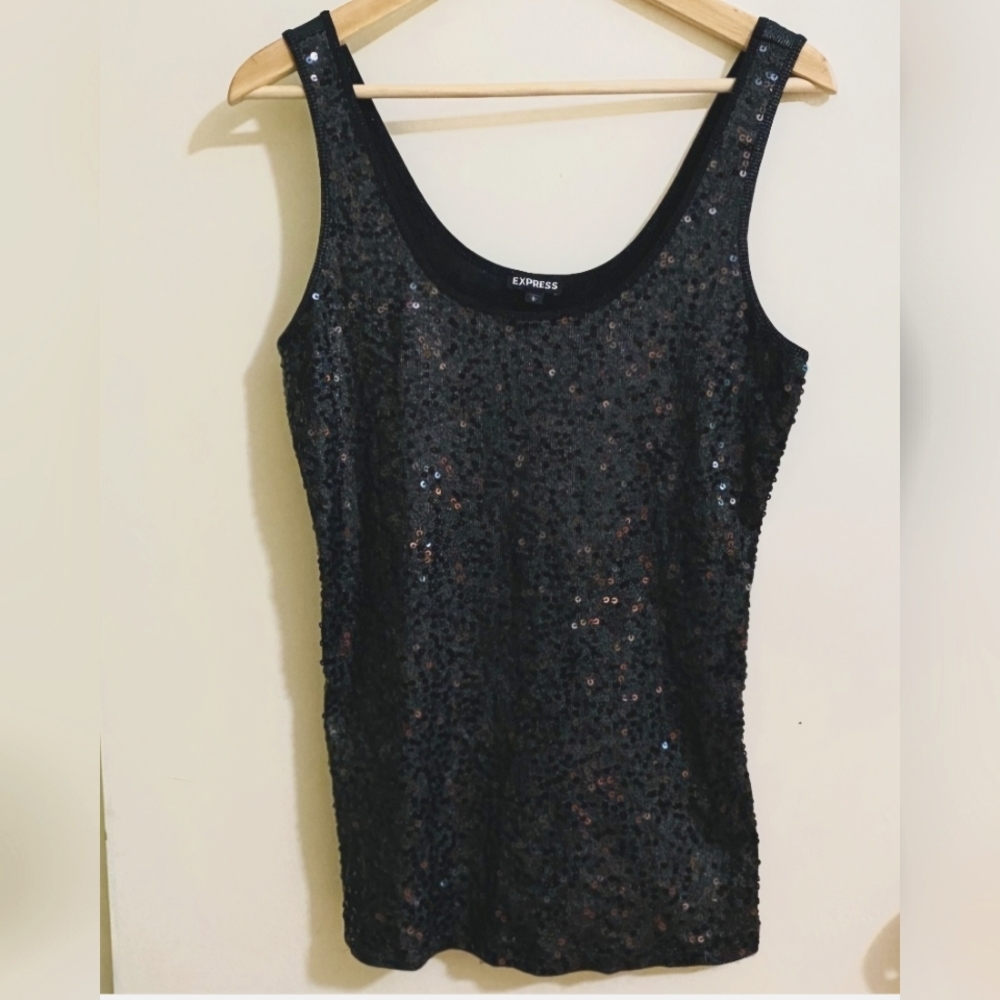 Express womens black sequin tank gunmetal gray L party night out top shi…